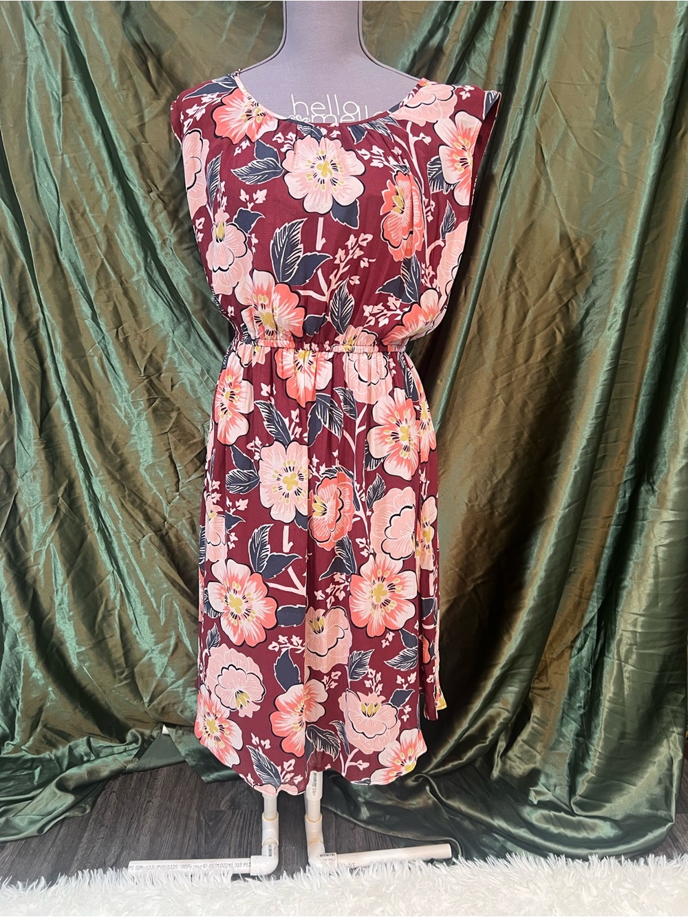 LOFT Maroon Floral Sleeveless Midi Dress with Pink Blossoms